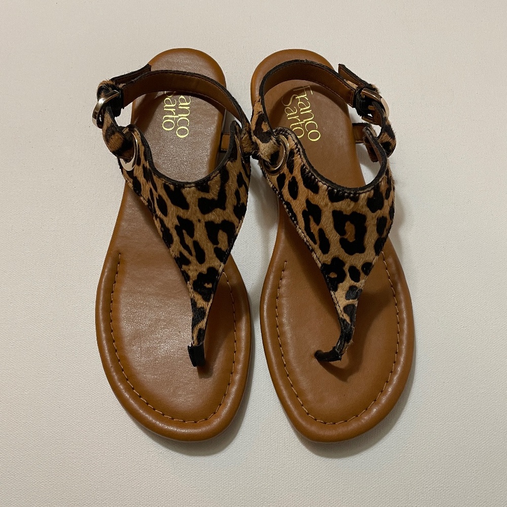 NWOB Women's Size 8 Franco Sarto "Goldy" Leopard Print Leather Flat Sandal